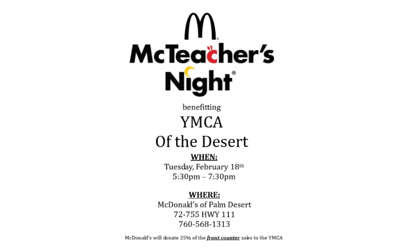 Family YMCA of the Desert - Licensed Childcare and Youth Programs | McTeacher's Night @ McDonald's Palm Desert HWY 111