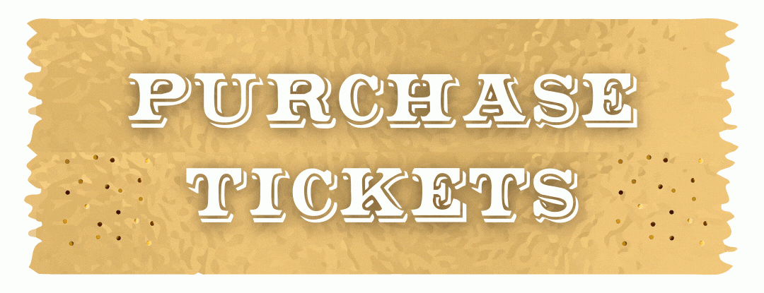 Golden ticket with golden confetti. In the middle reads "PURCHASE TICKETS" in thick, all caps, western style font.