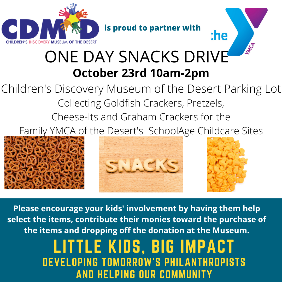 Square graphic featuring CDMOD land YMCA logos. There is black text promoting the SNACKS DRIVE event. Below and three photos. On the left, pretzels, in the middle are alphabet letter crackers that spell out SNACKS. One the right is a bundle of goldfish crackers. Below is a dark teal box. Inside the box is white and yellow text.